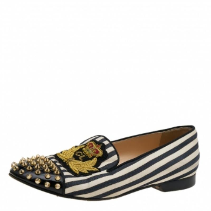 Christian Louboutin Leather & Canvas Havanana Spiked Smoking Slippers Size 40 For Sale 1