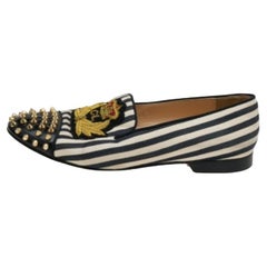 Christian Louboutin Leather & Canvas Havanana Spiked Smoking Slippers Size 40