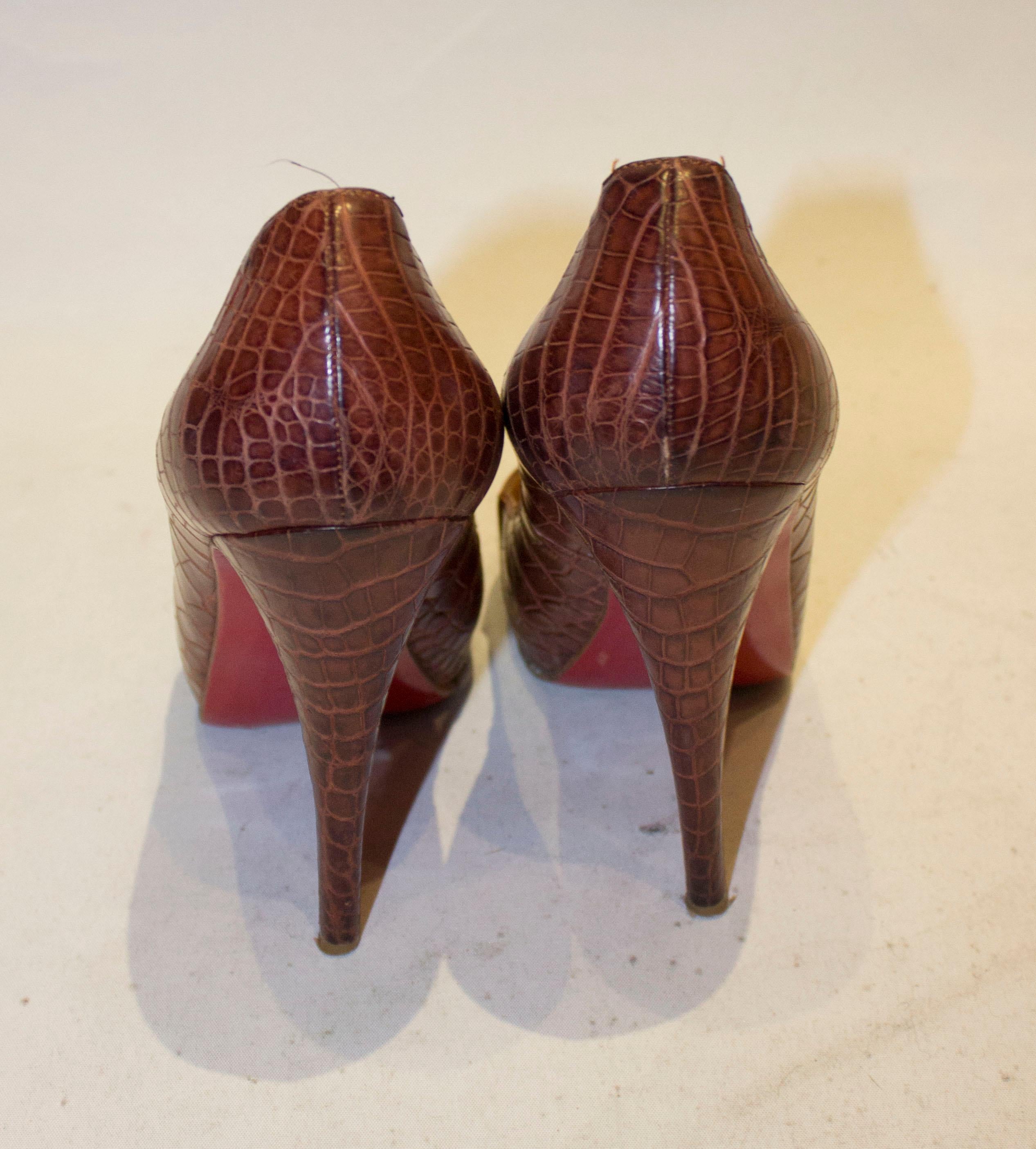 Brown Christian Louboutin Leather Croc Effect Shoes