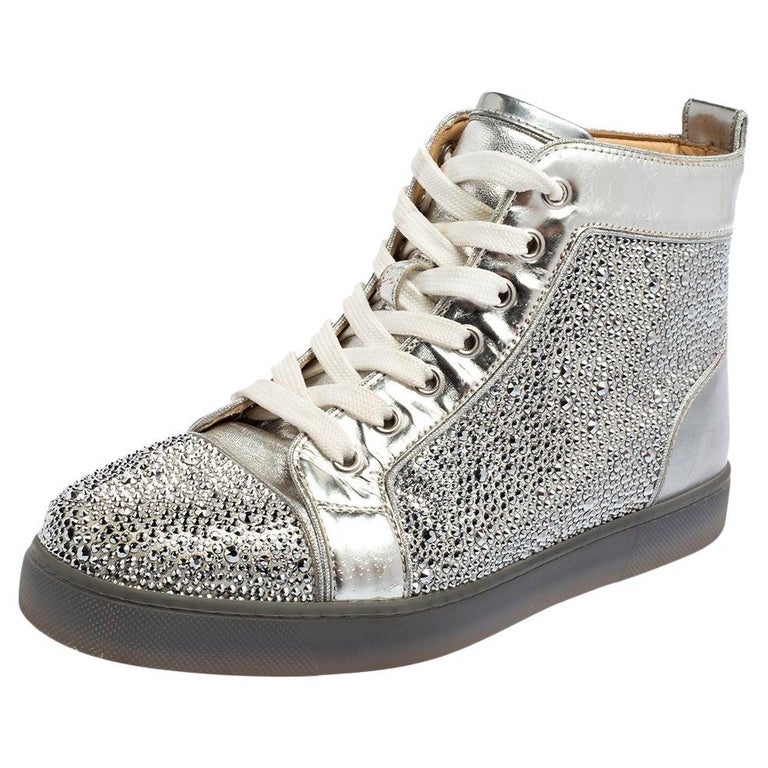 Christian Louboutin Leather Crystal Embellish Louis High-Top Sneakers Size  37.5 For Sale at 1stDibs