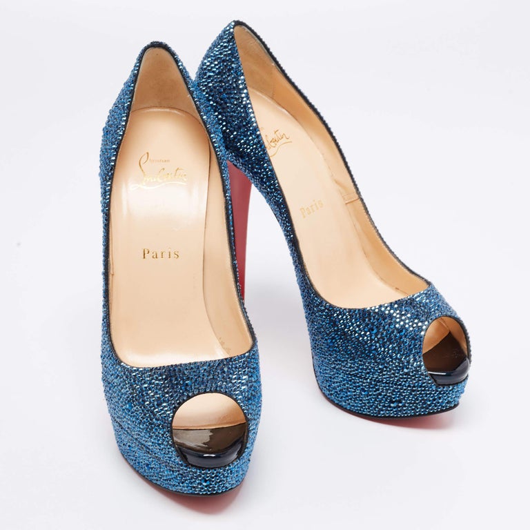 Christian Louboutin Leather Crystal Lady Peep-Toe Platform Pumps Size