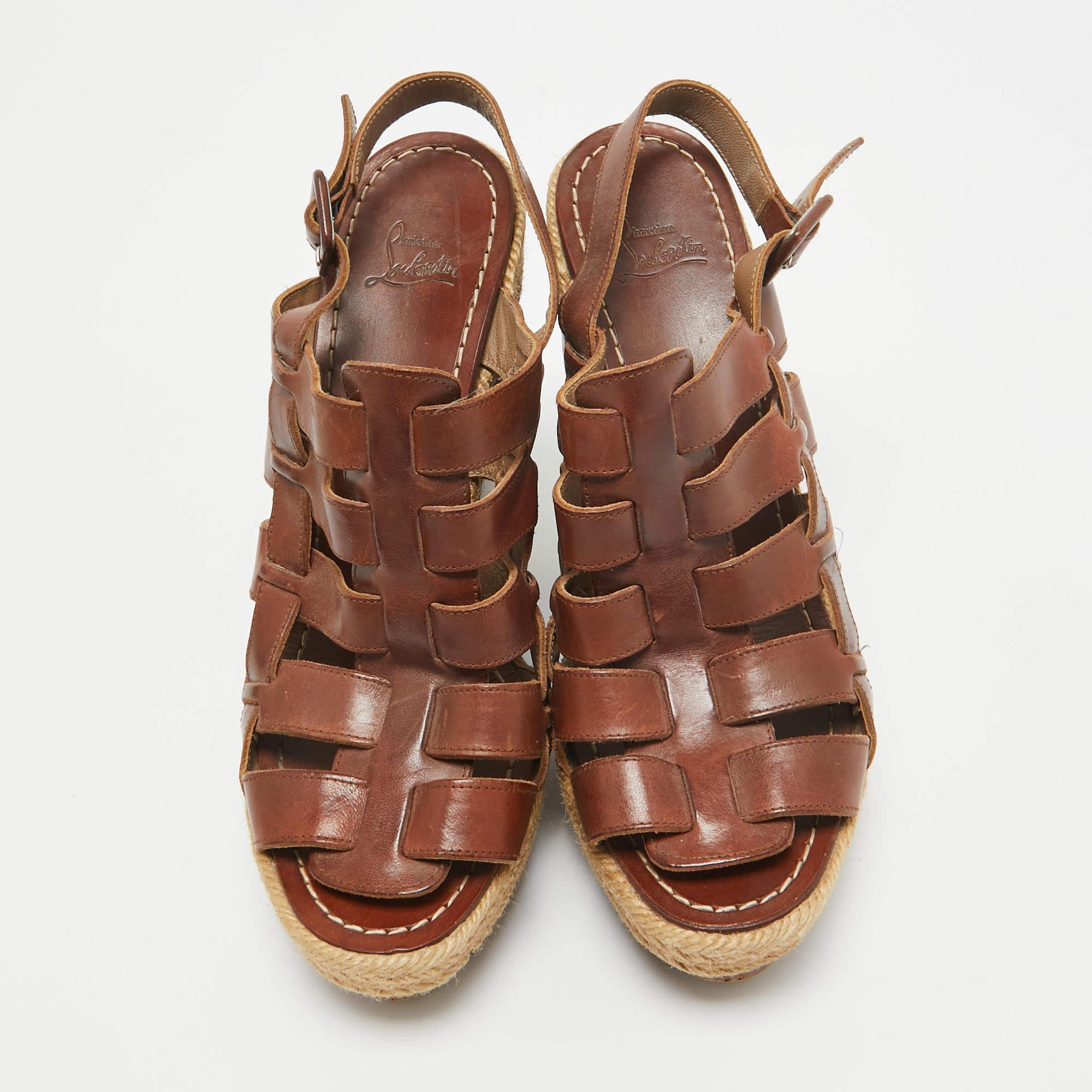 Brown Christian Louboutin Leather Espadrille Wedge Strappy Slingback Sandals Size 39 For Sale