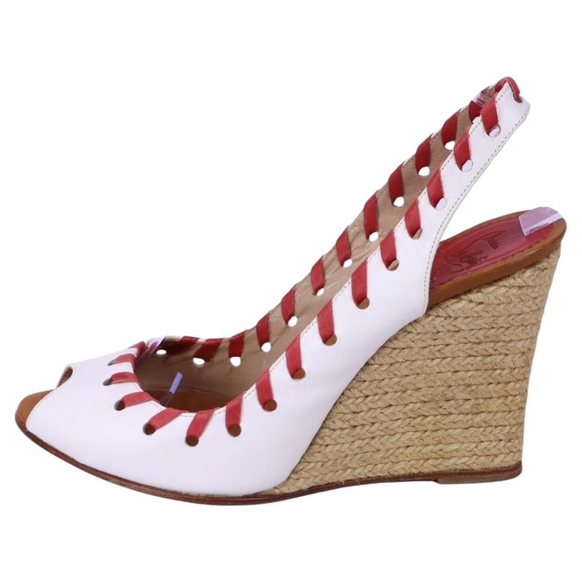 Chanel Red White Canvas Striped Peep Toe Wedge Ankle Booties SZ 40