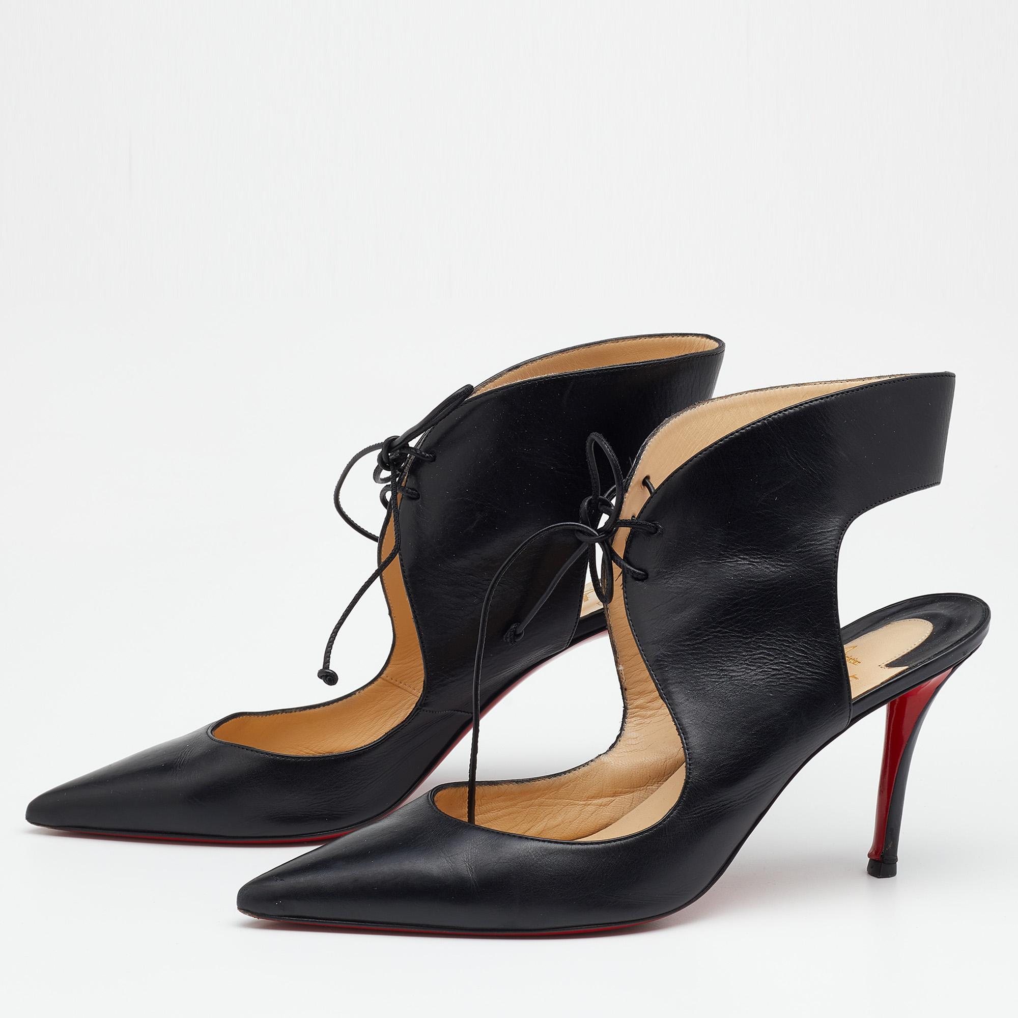 The attractive cut-out detailing and the architectural shape of this pair of Christian Louboutin pumps prove the brand's expertise in the art of stiletto making. Created from leather, it features pointed toes, tie-detailing at the ankles, and 9.5cm