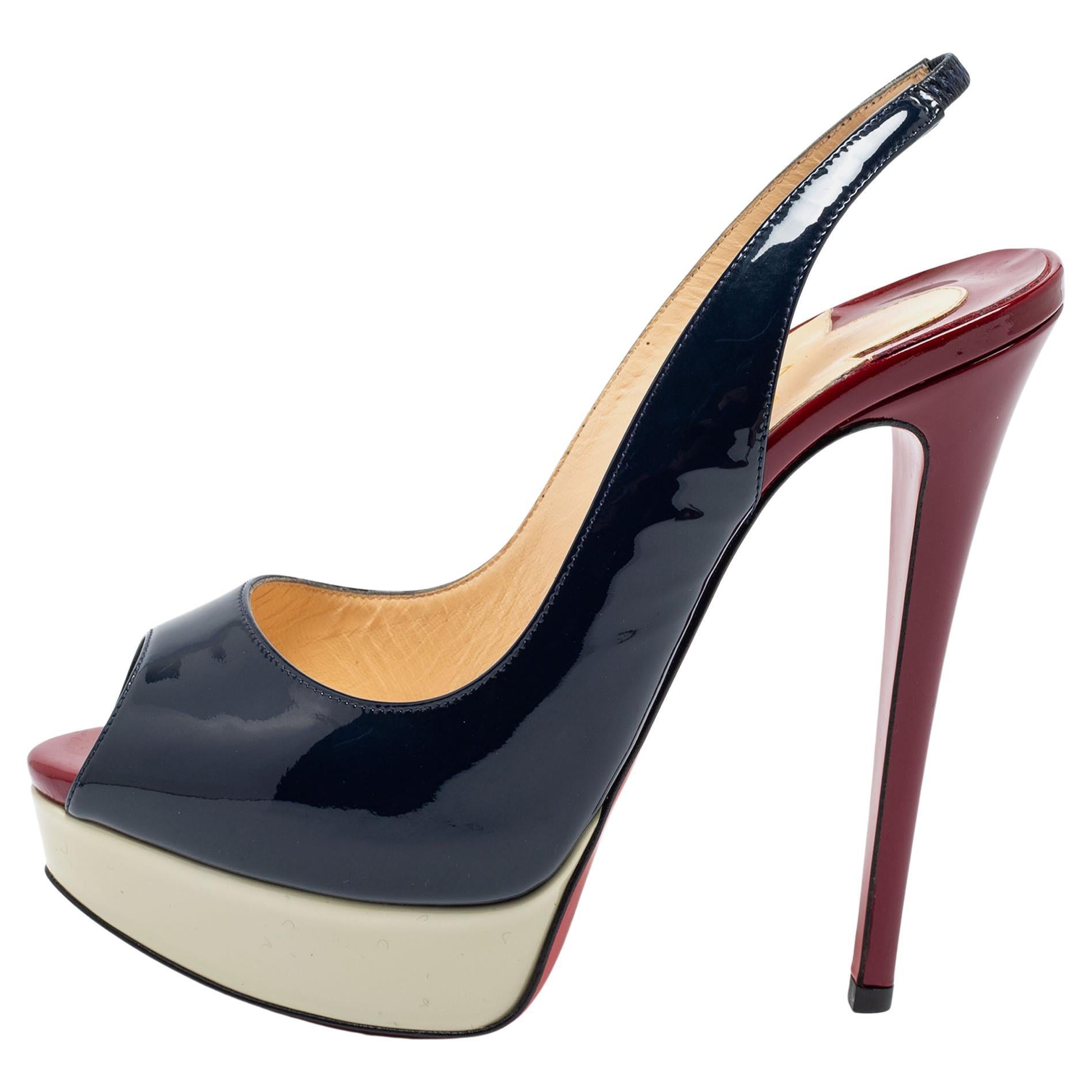 Christian Louboutin Leather Lady Peep-Toe Platform Slingback Sandals Size 38.5 For Sale