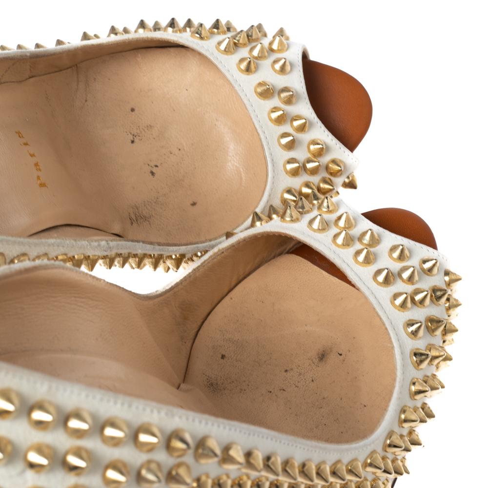 Beige Christian Louboutin Leather Lady Peep-Toe Spikes Platform Pumps Size 37 For Sale