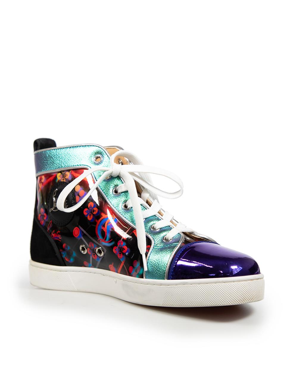 CONDITION is Very good. Minimal wear to the shoes is evident. Creasing to toe vamps on both shoes. The purple patent is pealing on the bottom of the left shoe toe cap. General creasing to the leather on the collar padding. Marks on left shoe and on