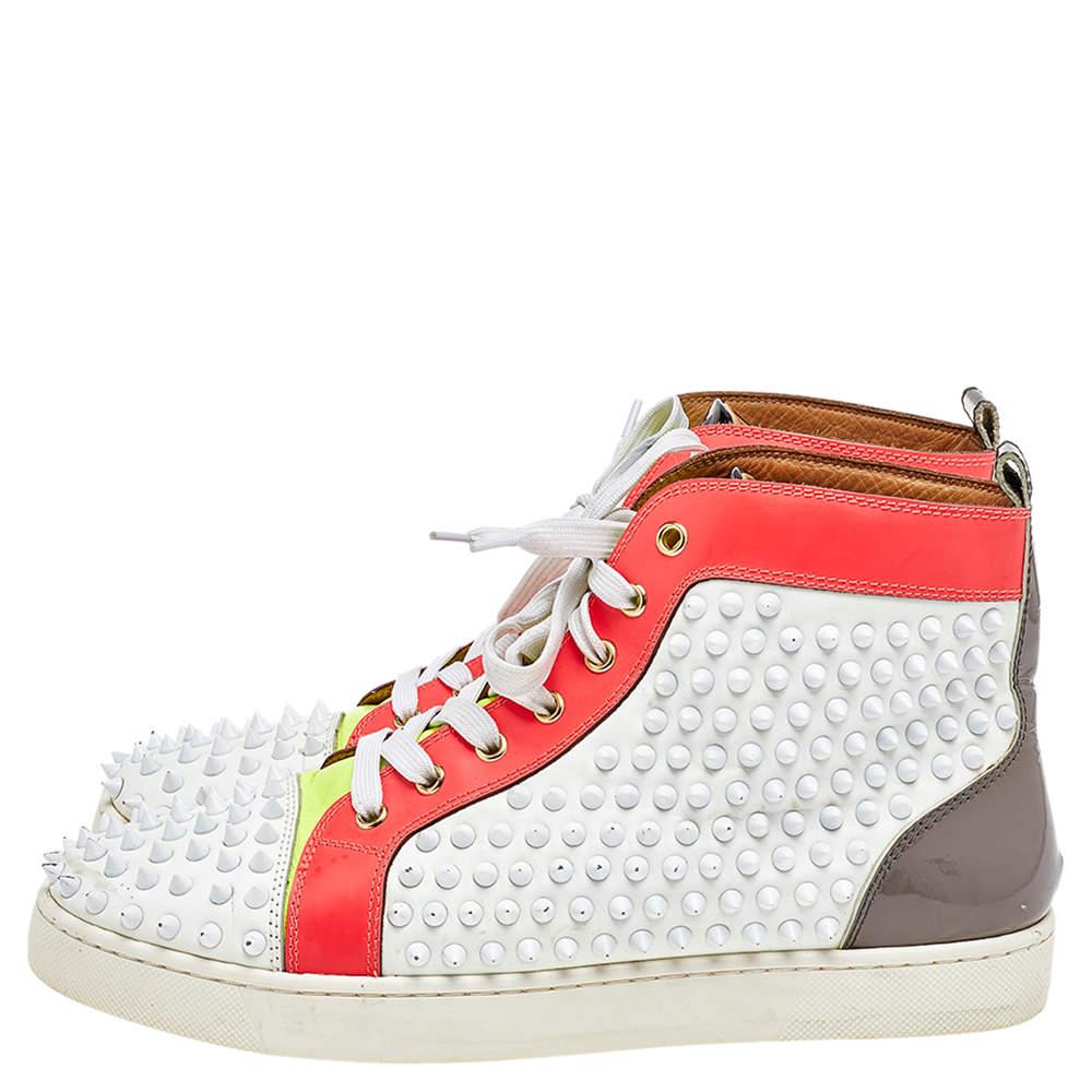Beige Christian Louboutin Leather Louis Spikes Lace Up High Top Sneakers Size 43 For Sale