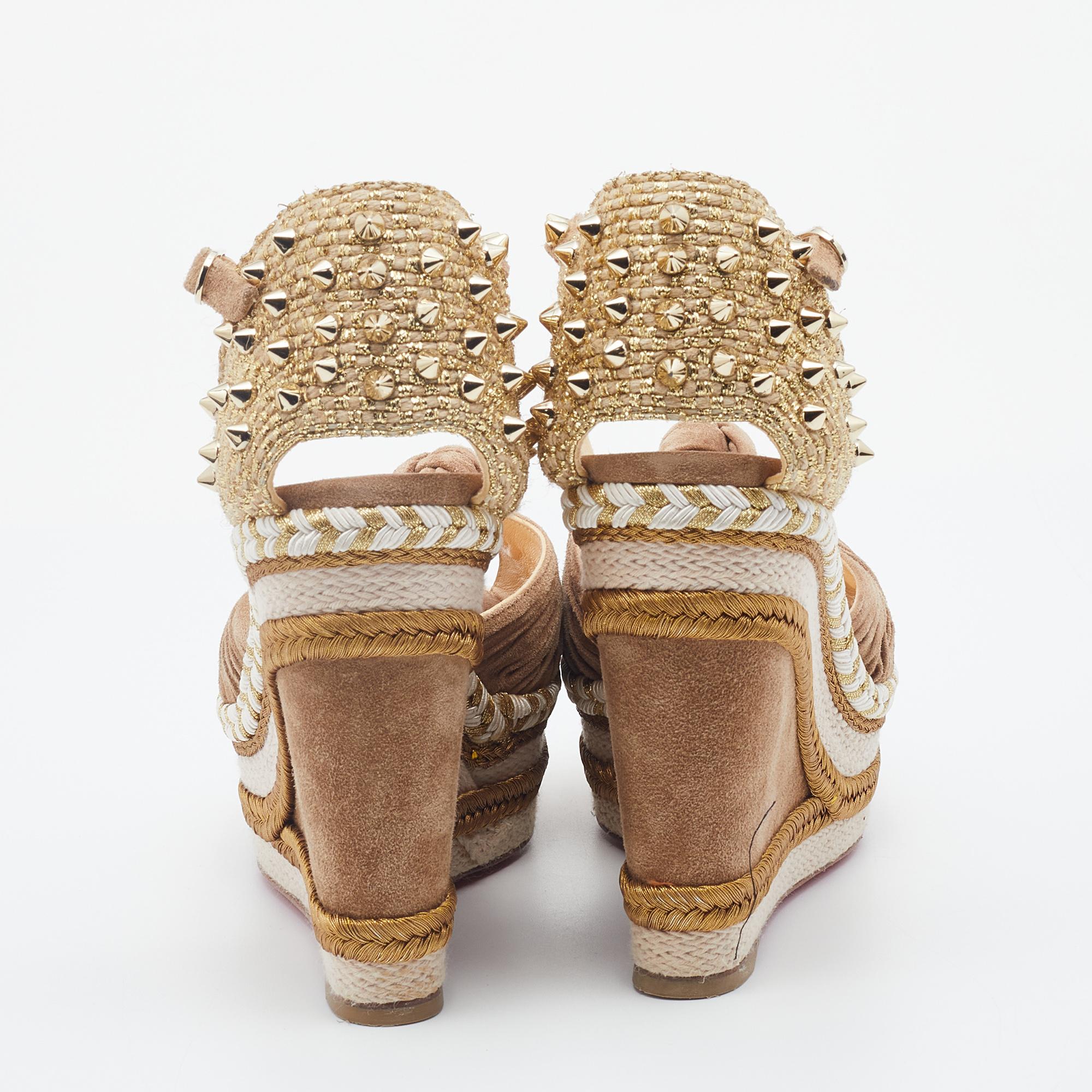 Christian Louboutin Leather Madmonica Madcarina Spiked Wedge Espadrille Size 37 In Good Condition In Dubai, Al Qouz 2