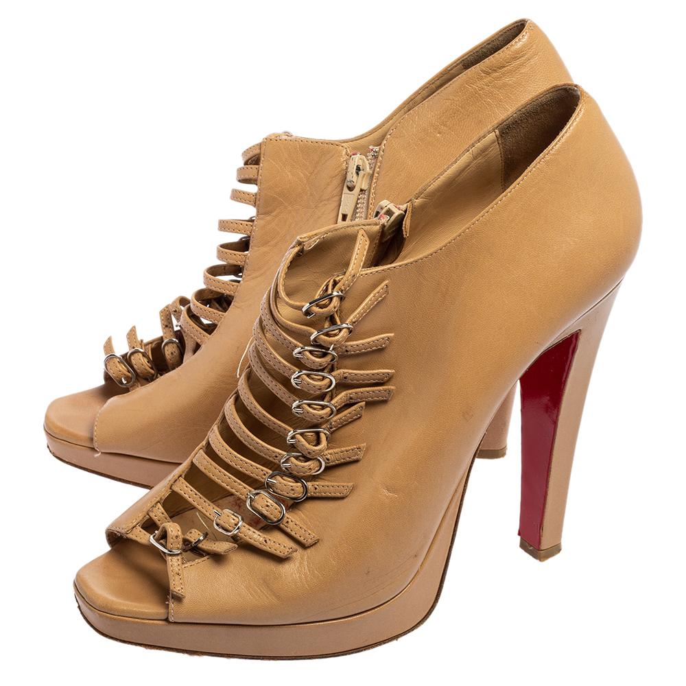 Brown Christian Louboutin Leather Manon Buckle Detail Open Toe Ankle Boots Size 41 For Sale