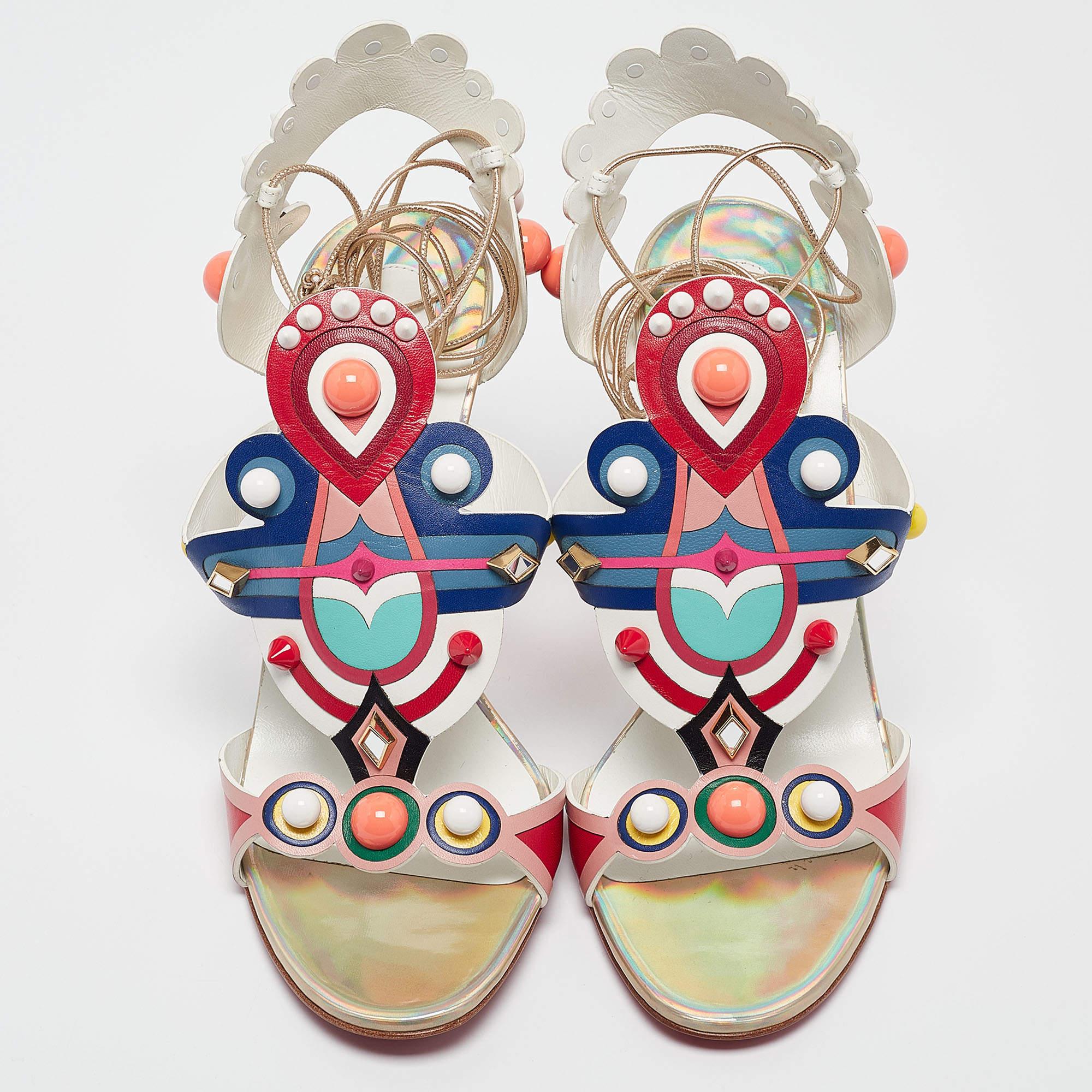 Beige Christian Louboutin Leather Papagaya Levita Wedge Ankle-Wrap Sandals Size 39