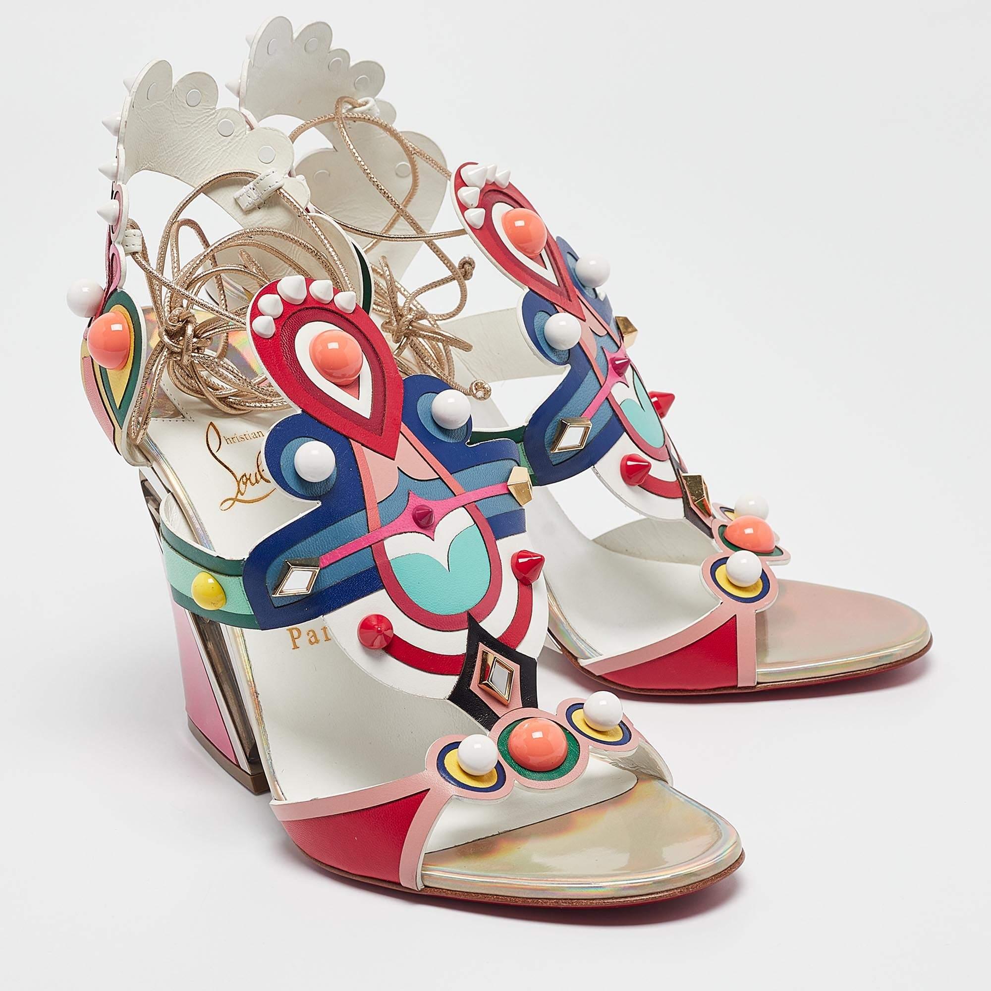Christian Louboutin Leather Papagaya Levita Wedge Ankle-Wrap Sandals Size 39 In New Condition In Dubai, Al Qouz 2
