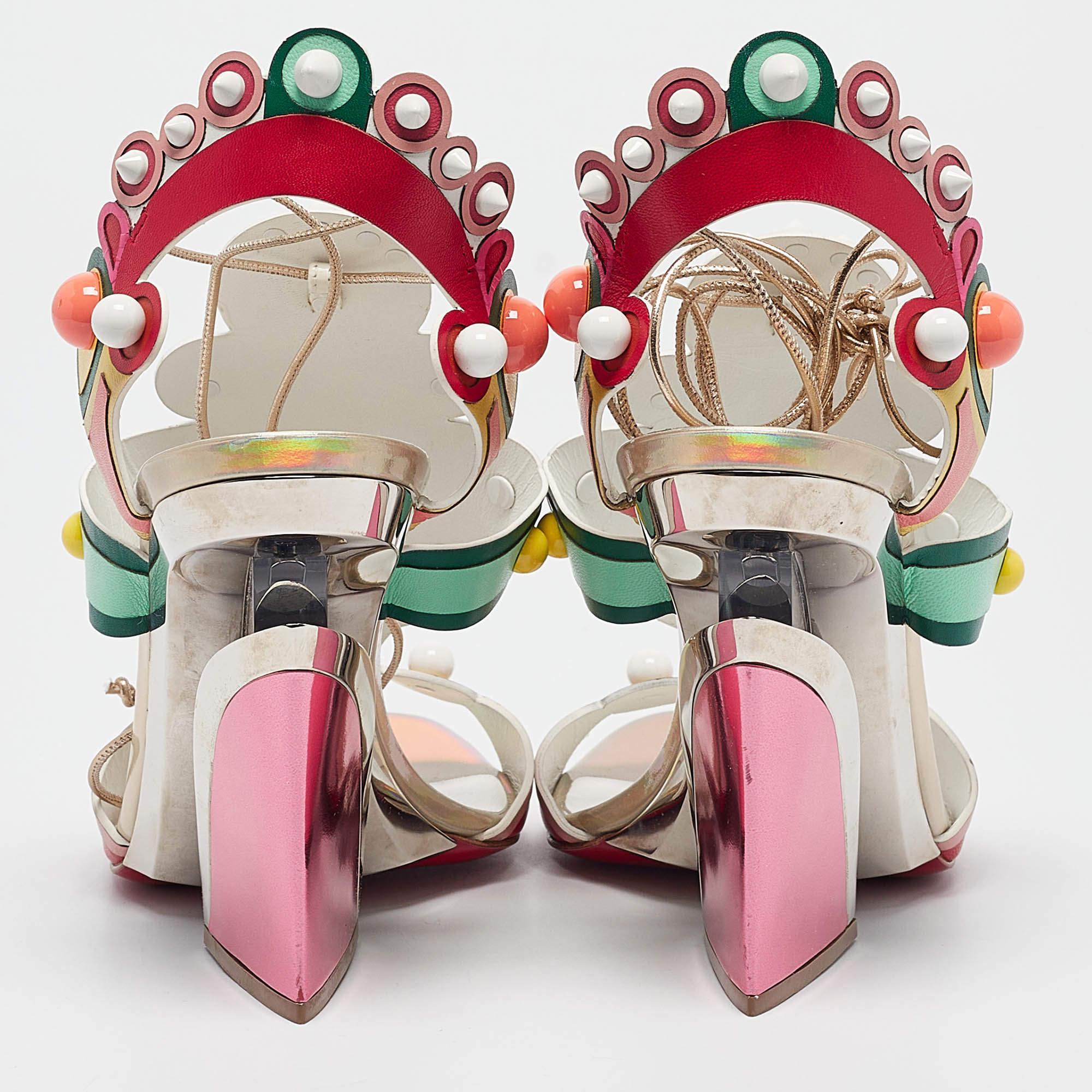 Women's Christian Louboutin Leather Papagaya Levita Wedge Ankle-Wrap Sandals Size 39