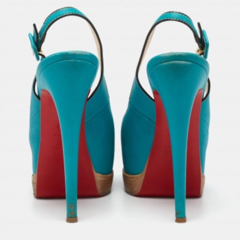 Women's Christian Louboutin Leather Peep-Toe Platform Slingback Sandals Size 38.5 For Sale