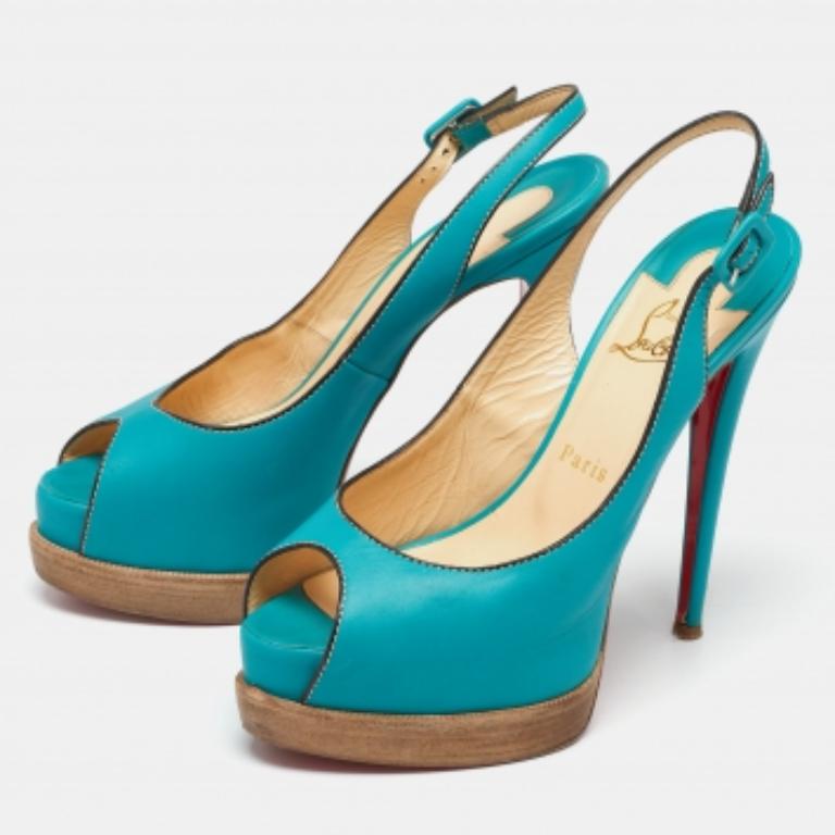 Christian Louboutin Leather Peep-Toe Platform Slingback Sandals Size 38.5 For Sale 3
