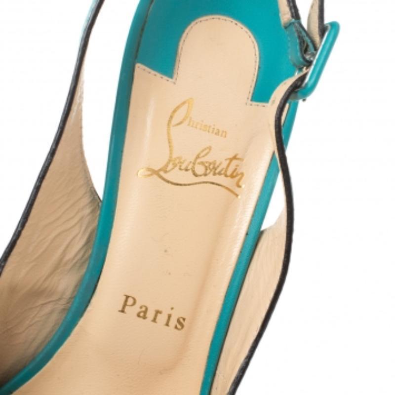 From the house of Christian Louboutin, these sandals are tastefully designed. This classic pair in leather will match well with almost all your outfits. The turquoise sandals feature peep toes, 15 cm heels, low platforms, buckled slingbacks and