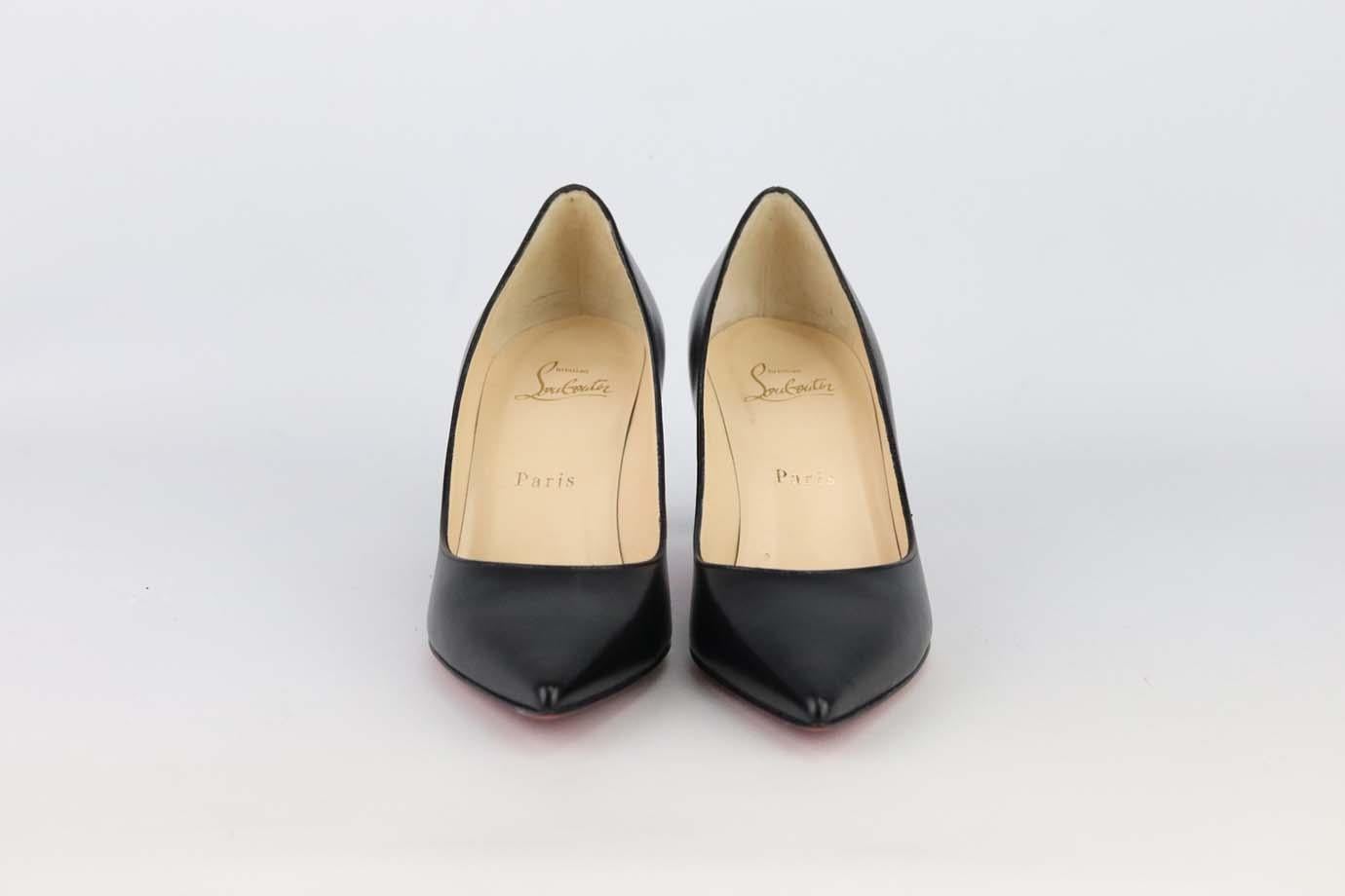 These pumps by Christian Louboutin are a classic style that will never date, made in Italy from black leather, they have sharp pointed toes and comfortable 63mm heels to take you from morning meetings to dinner with friends. Heel measures