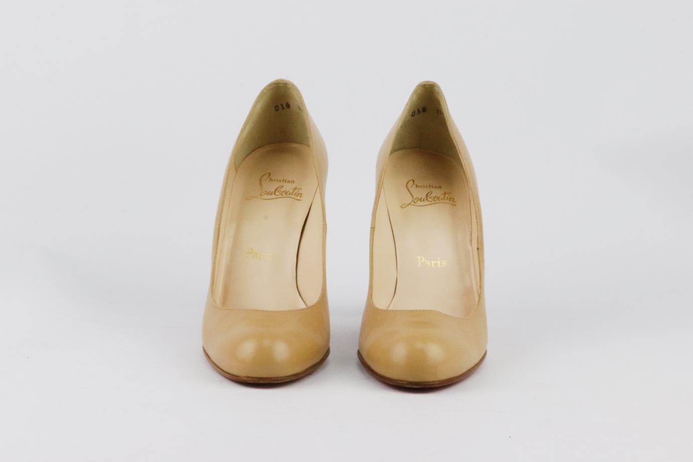 These pumps by Christian Louboutin are a classic style that will never date, made in Italy from beige leather, they have rounded toes and comfortable 89 mm heels. Heel measures approximately 89 mm/ 3.5 inches. Beige leather. Slips on. Does not come