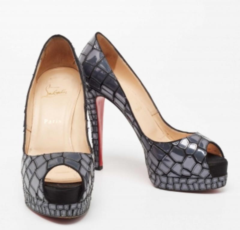 Gray Christian Louboutin Leather & Satin Mosaic Sobek Peep-Toe Platform Pumps Size 39 For Sale