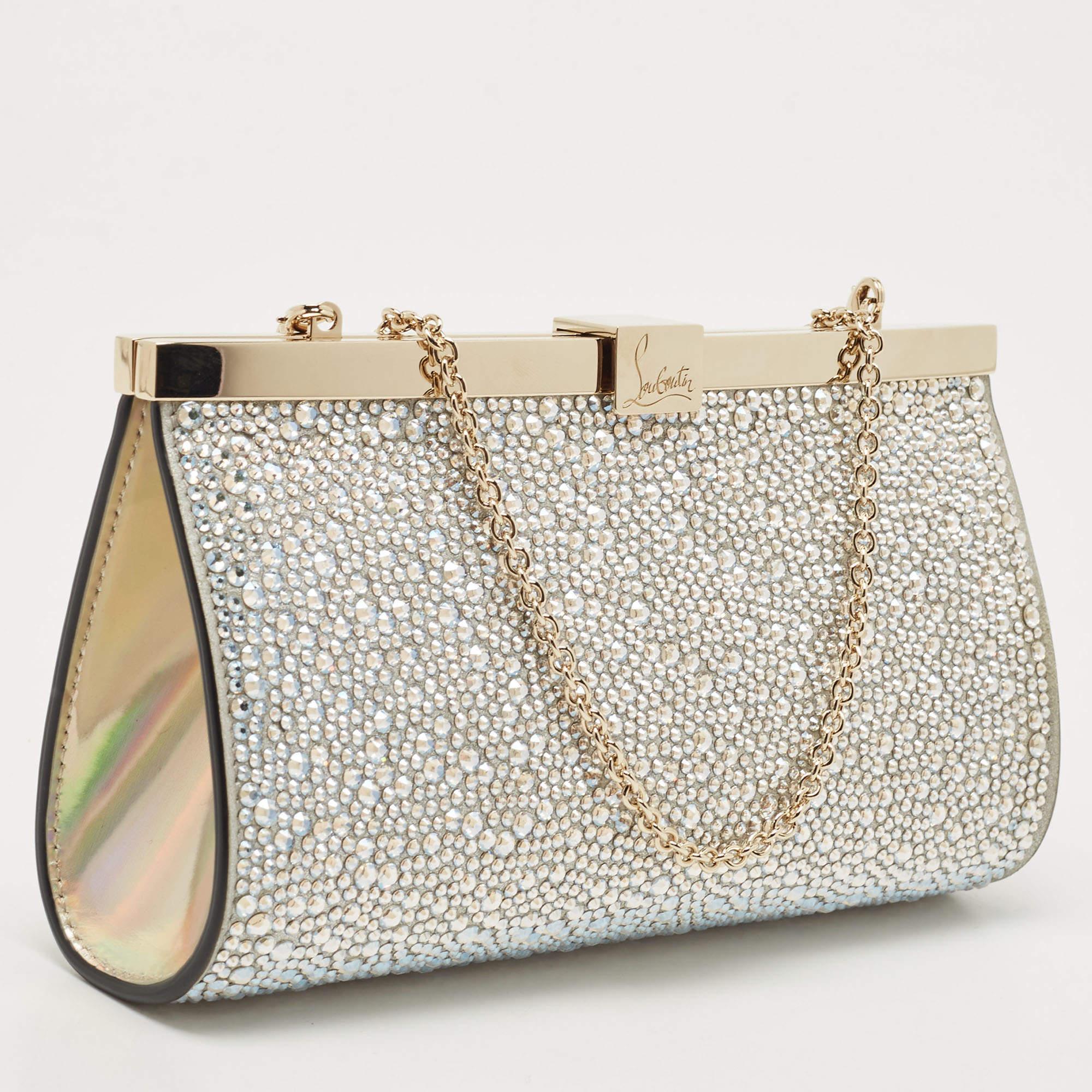 Christian Louboutin Leather Small Crystal Embellished Moonlight Palmette Clutch In Excellent Condition In Dubai, Al Qouz 2