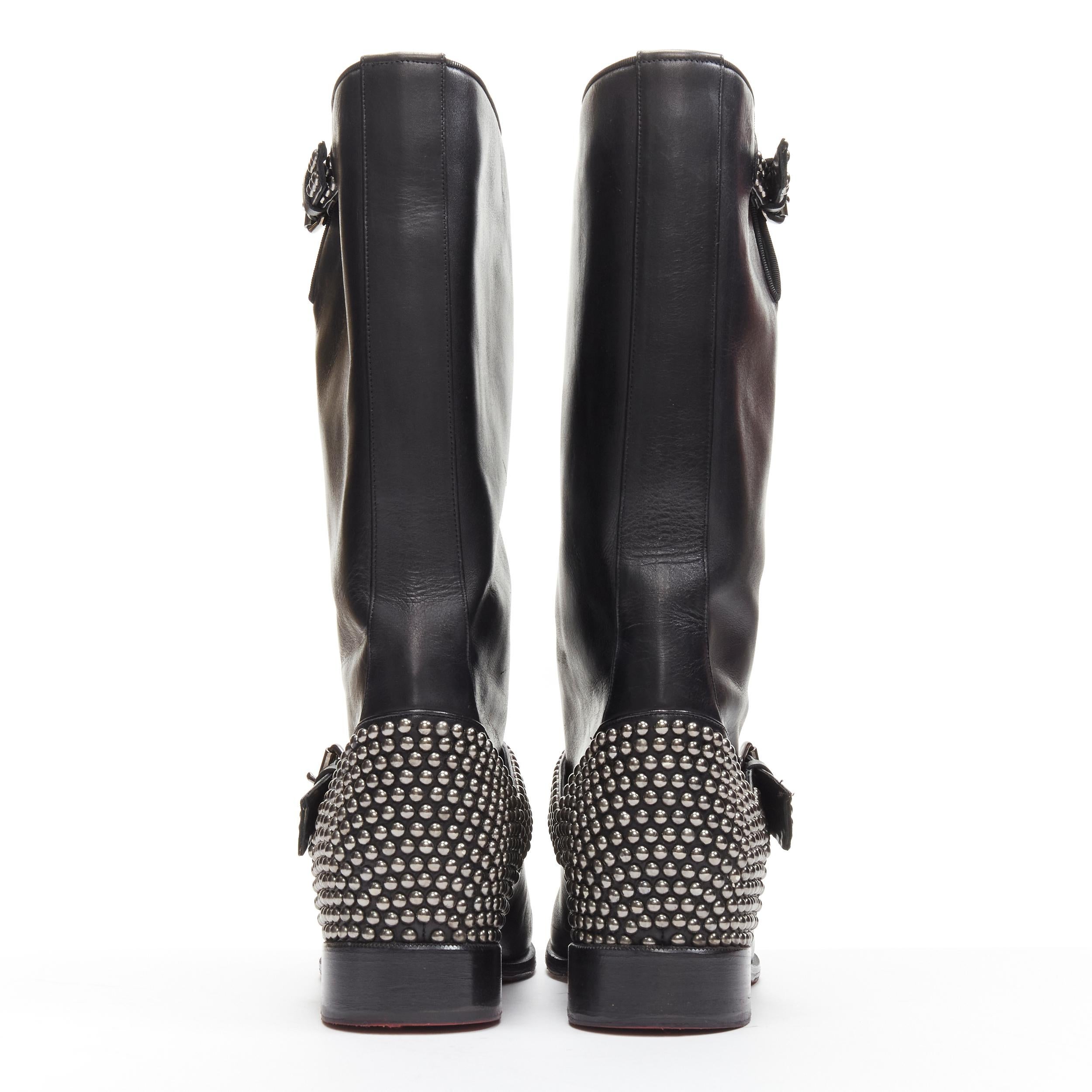 CHRISTIAN LOUBOUTIN leather spike studded buckle biker hidden wedge boots EU37.5 In Good Condition For Sale In Hong Kong, NT