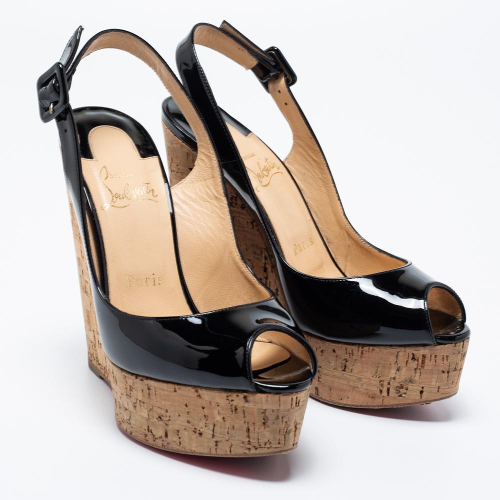 Christian Louboutin Leather Une Plume Cork Wedge Slingback Sandals Size 36.5 In Good Condition In Dubai, Al Qouz 2
