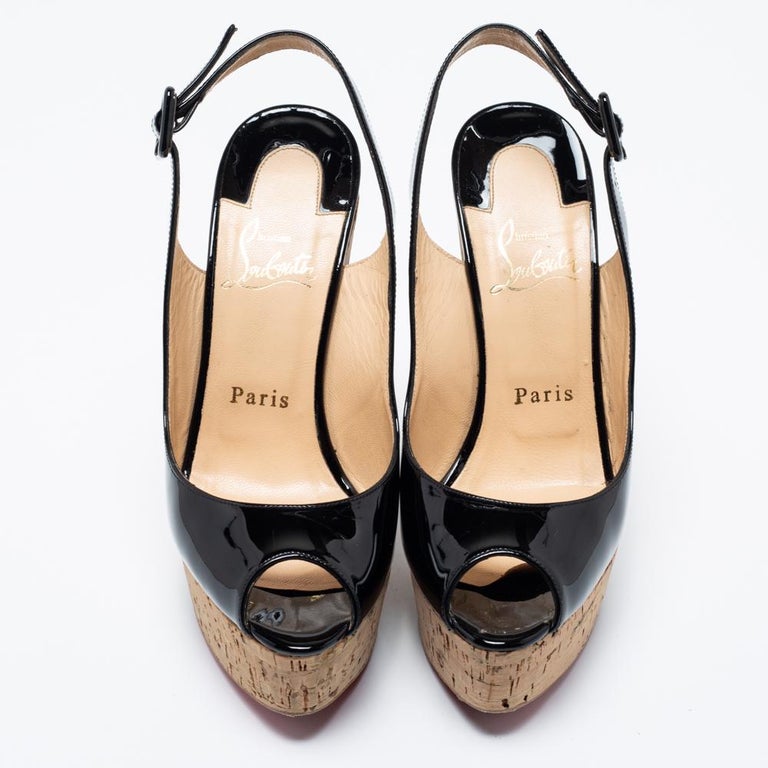 Christian Louboutin Leather Une Plume Cork Wedge Slingback Sandals Size