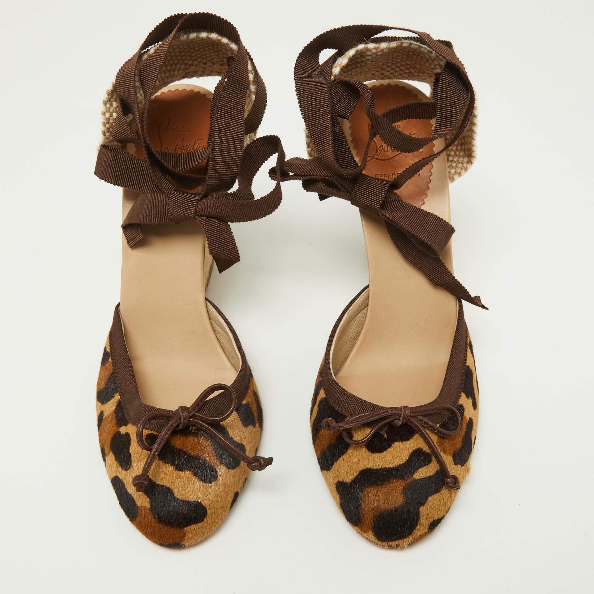 Brown Christian Louboutin Leopard Calf Hair Carino Espadrille Wedge Sandals Size 39