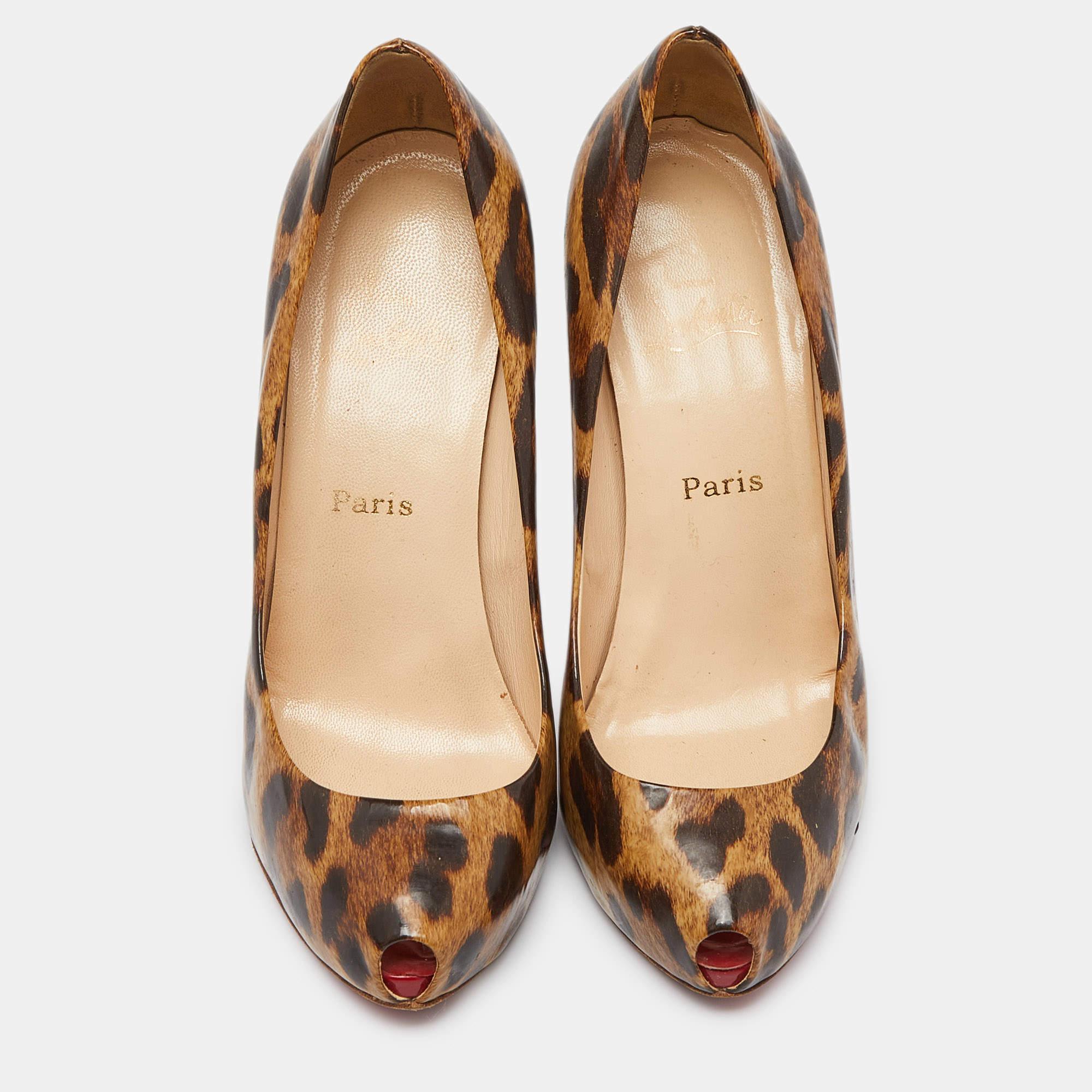 Brown Christian Louboutin Leopard Leather Ron Ron Peep Toe Platform Pumps Size 37.5 For Sale