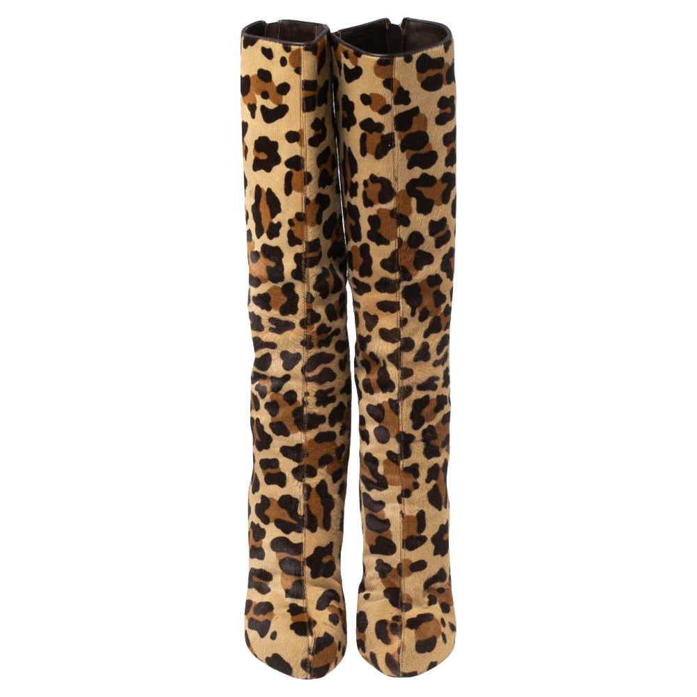 Brown Christian Louboutin Leopard Pony Hair Fifi Botta Knee Boots Size 37 For Sale