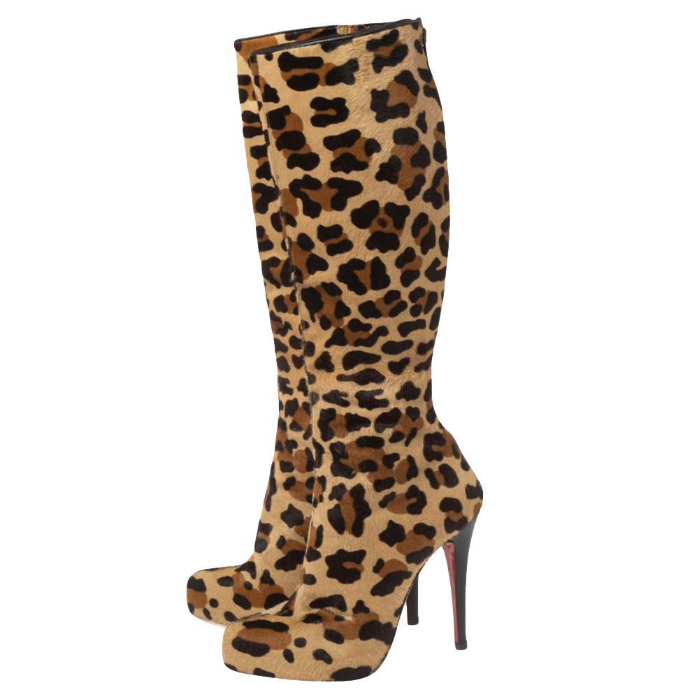 Women's Christian Louboutin Leopard Pony Hair Fifi Botta Knee Boots Size 37 For Sale