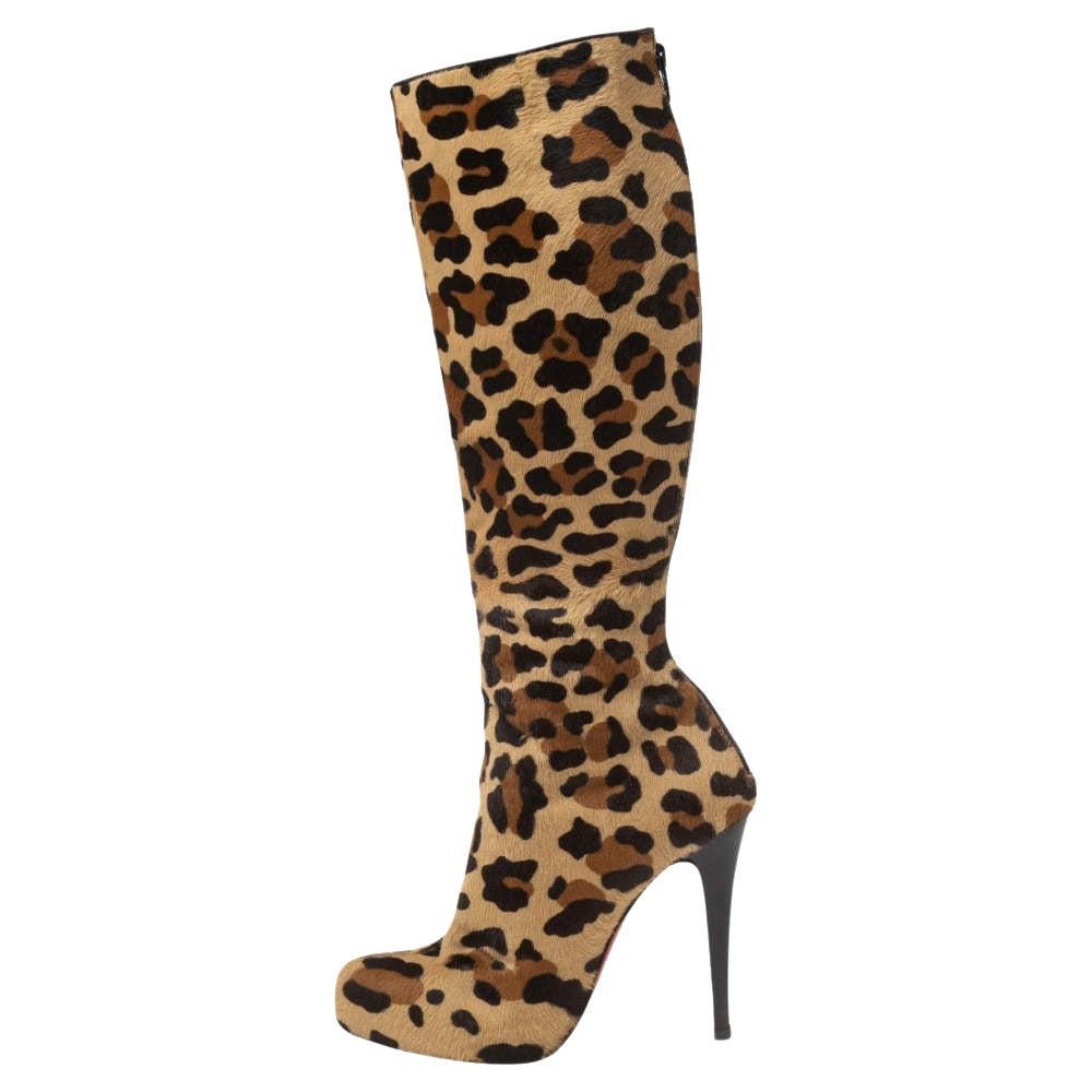 Christian Louboutin Leopard Pony Hair Fifi Botta Knee Boots Size 37 For Sale