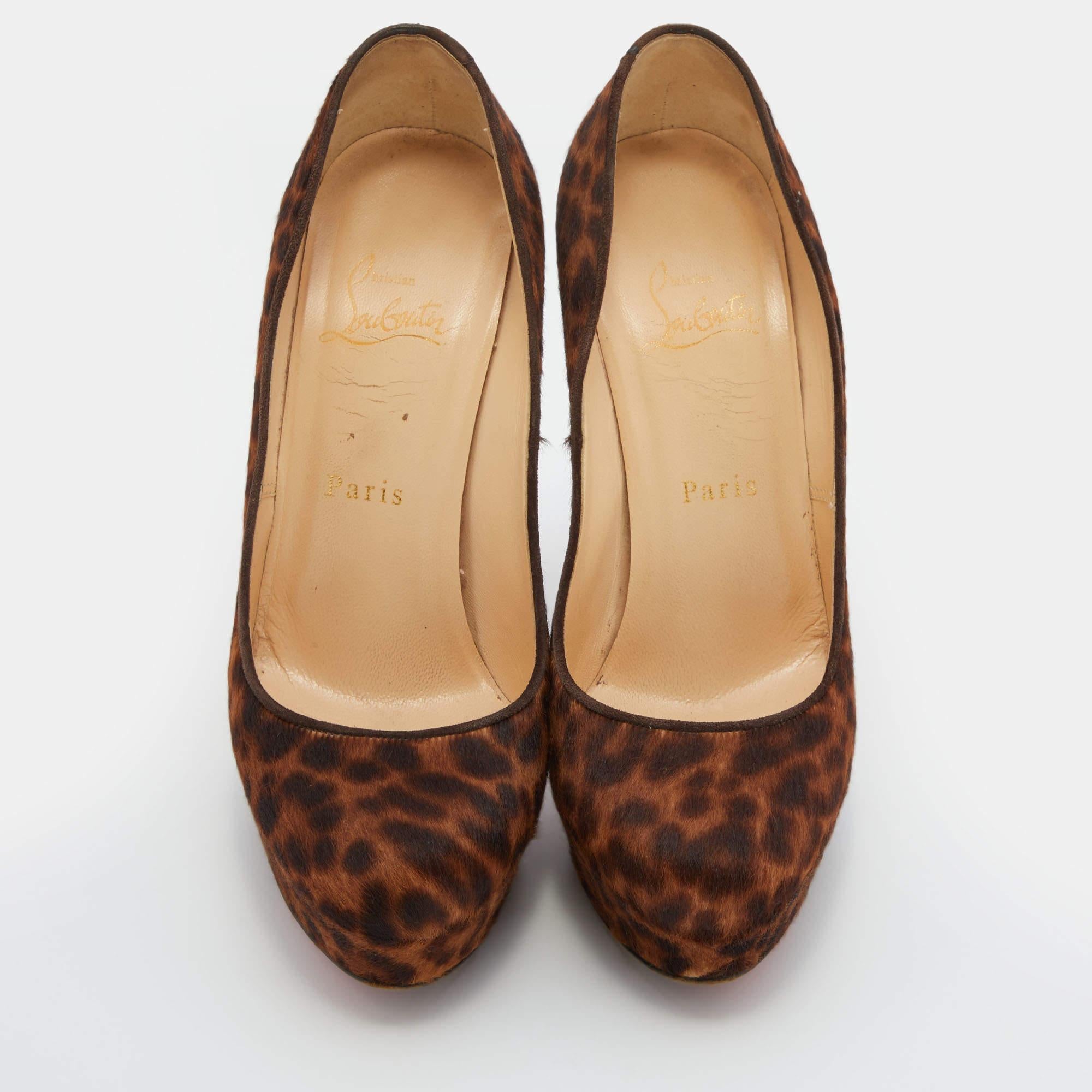 Brown Christian Louboutin Leopard Print Calf Hair Bianca Platform Pumps Size 37.5 For Sale