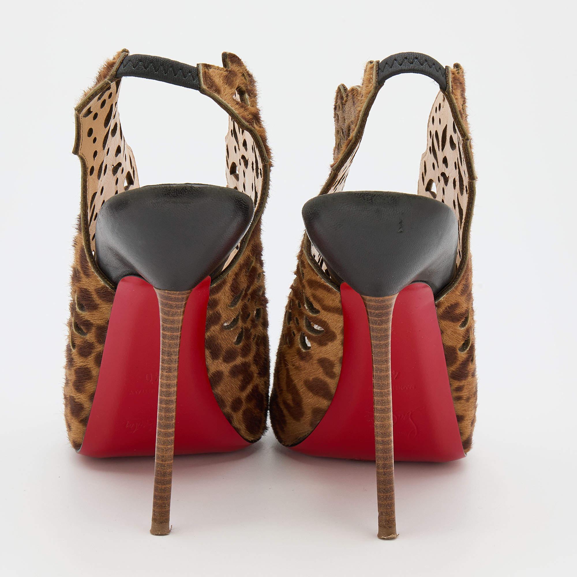 Brown Christian Louboutin Leopard Print Calf Hair Markesling Slingback Booties Size 40 For Sale