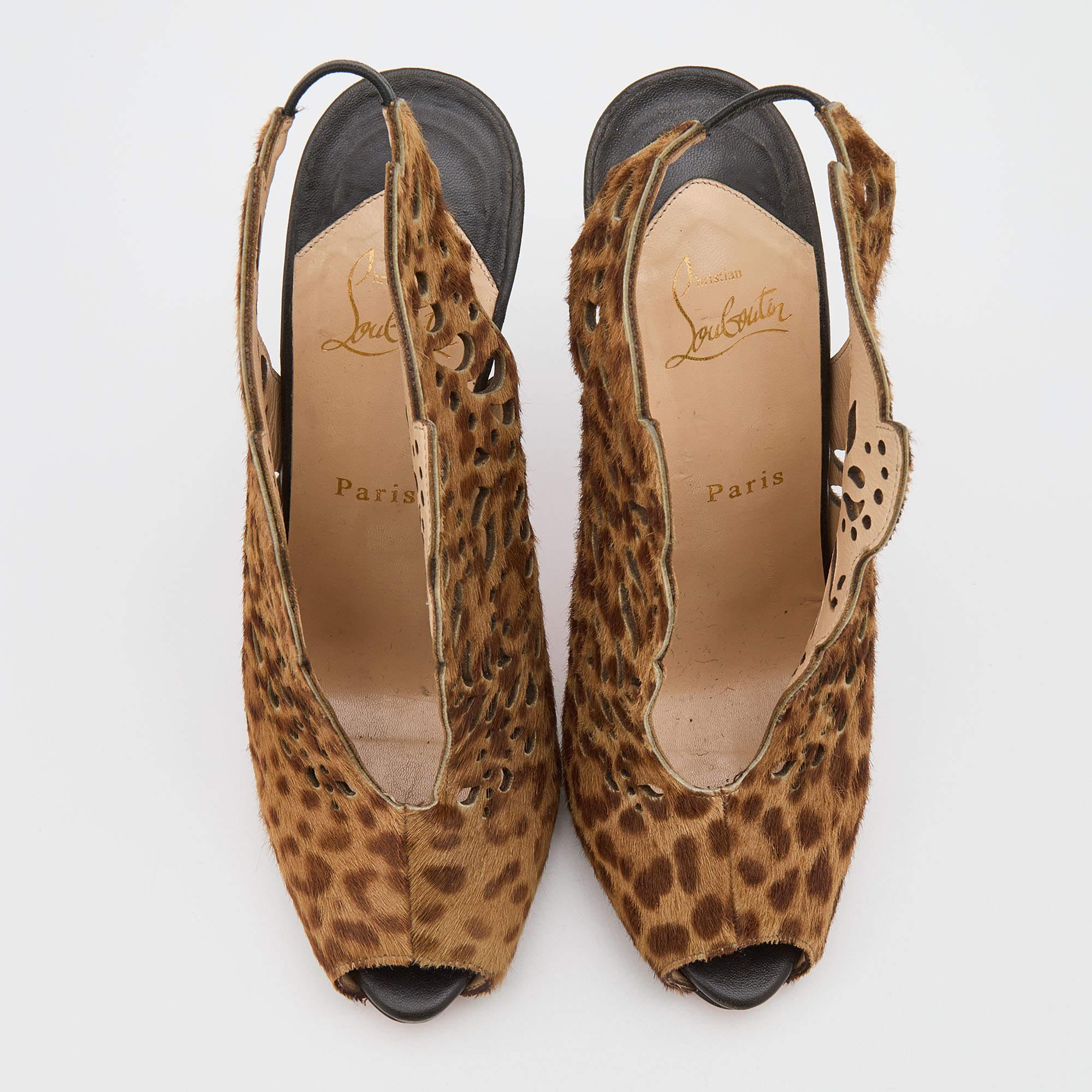 Christian Louboutin Leopard Print Calf Hair Markesling Slingback Booties Size 40 For Sale 1