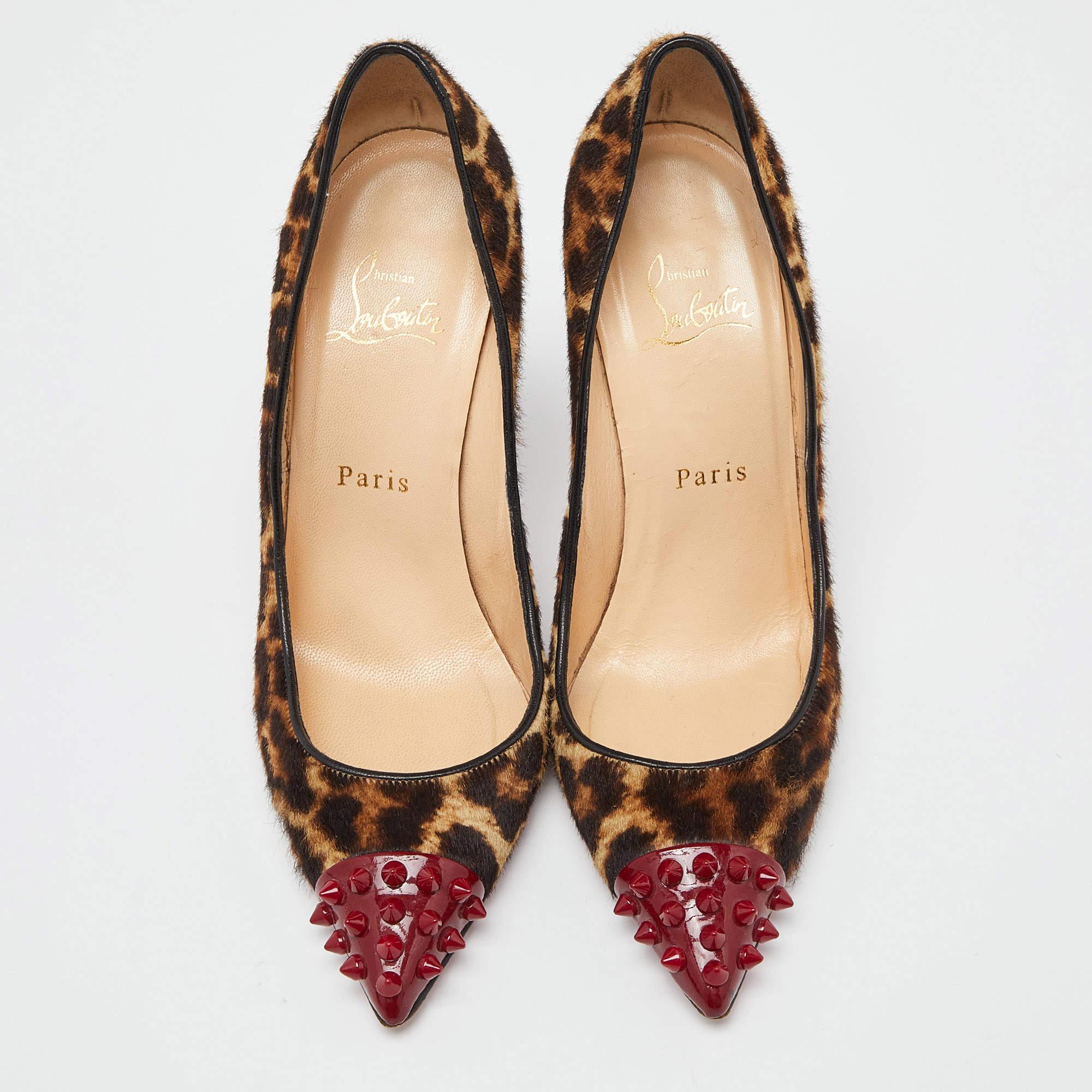 Brown Christian Louboutin Leopard Print Calfhair Geo Spike Cap Toe Pumps Size 37 For Sale