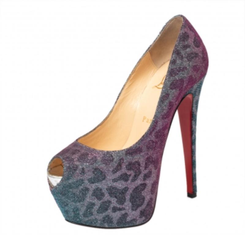 Gris Christian Louboutin escarpins à plateforme à bouts ouverts en lurex imprimé léopard 36,5