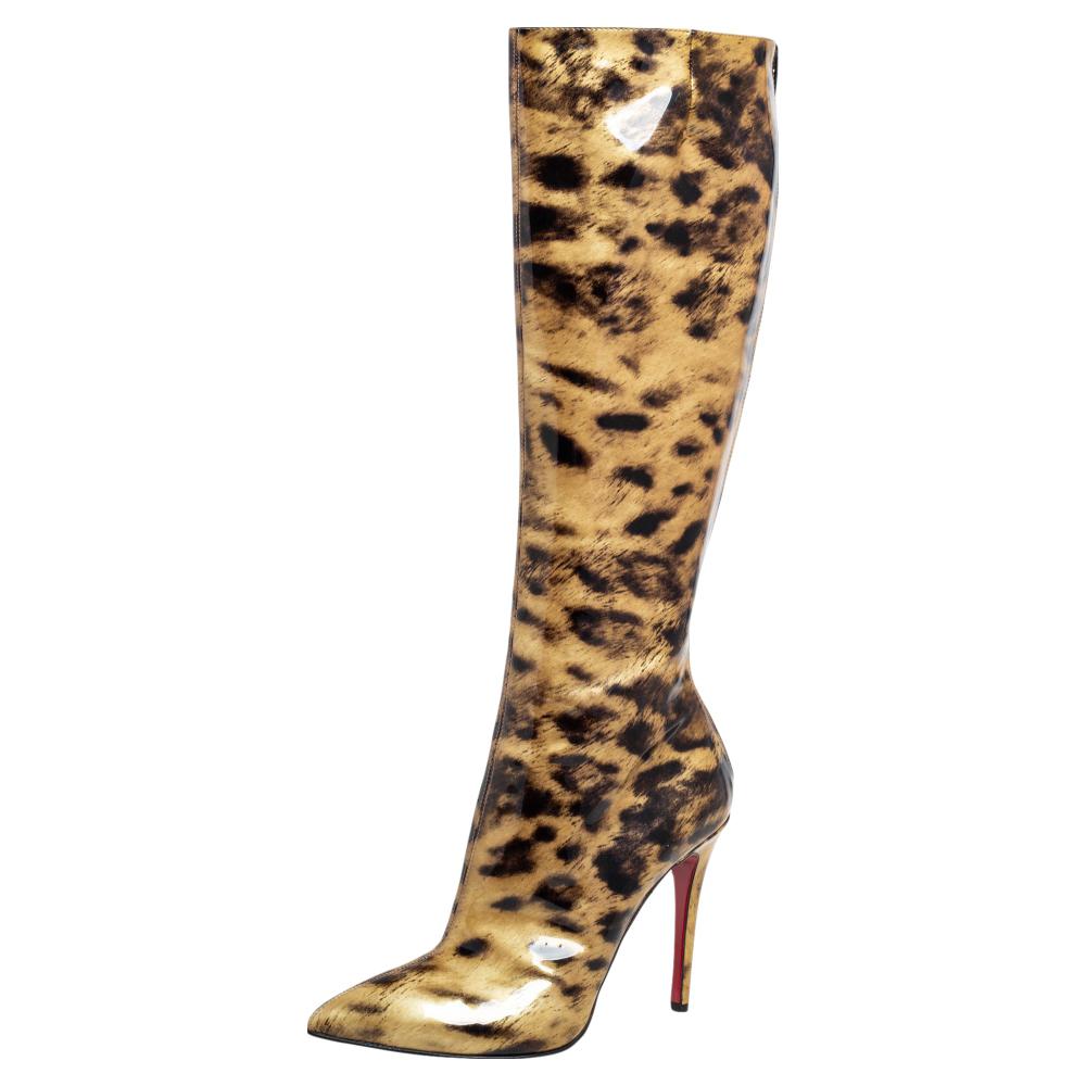 Brown Christian Louboutin Leopard Print Patent Leather Zip Knee Boots Size 39.5