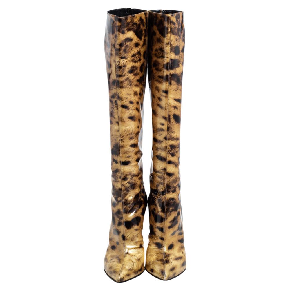 Christian Louboutin Leopard Print Patent Leather Zip Knee Boots Size 39.5 In Good Condition In Dubai, Al Qouz 2