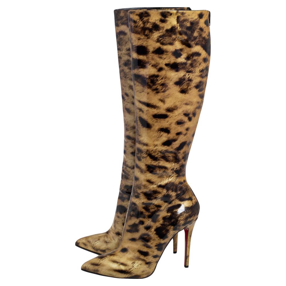 Women's Christian Louboutin Leopard Print Patent Leather Zip Knee Boots Size 39.5