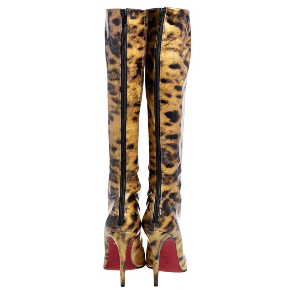 Christian Louboutin Leopard Print Patent Leather Zip Knee Boots Size 39.5 1