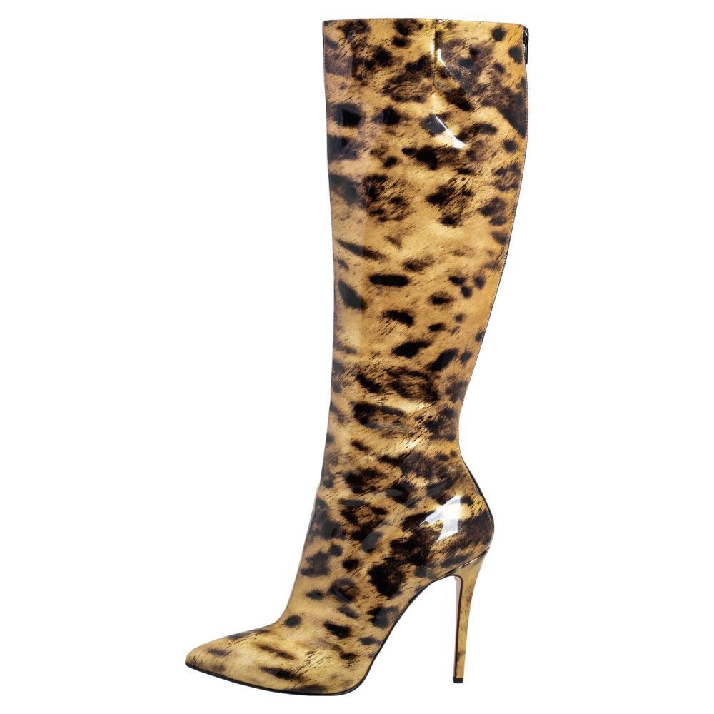 Christian Louboutin Leopard Print Patent Leather Zip Knee Boots Size 39.5