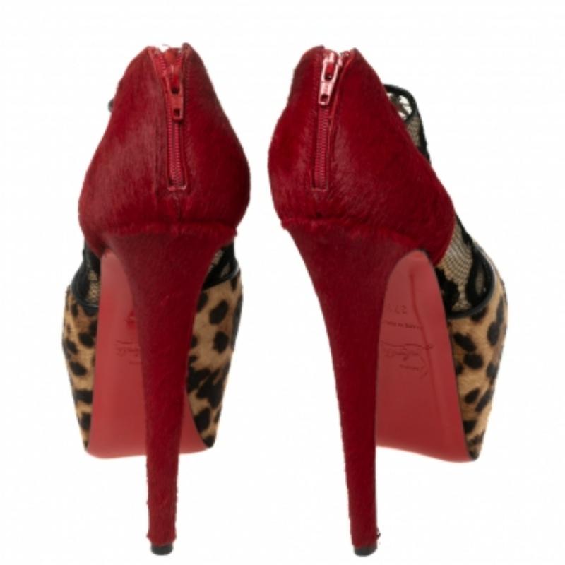 Brown Christian Louboutin Leopard Print Pony Hair and Lace Aeronotoc Booties Size 37.5