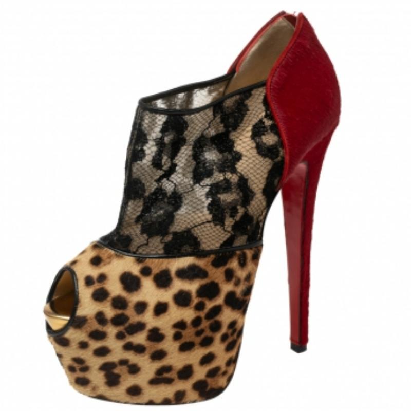 Christian Louboutin Leopard Print Pony Hair and Lace Aeronotoc Booties Size 37.5 1