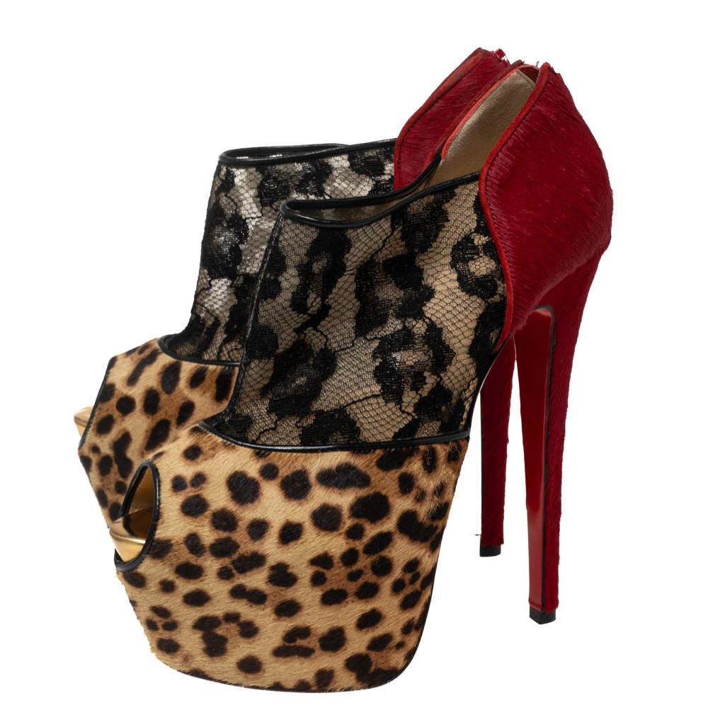 Christian Louboutin Leopard Print Pony Hair and Lace Aeronotoc Booties Size 37.5 For Sale 2