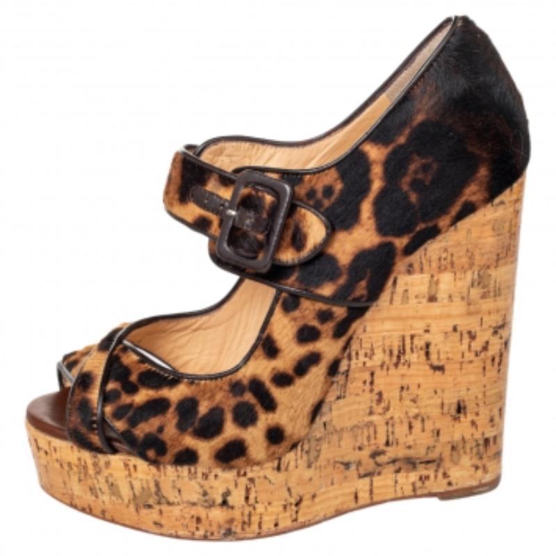 Marron Sandales compensées Melides en cuir de poney imprimé léopard Christian Louboutin, taille 38,5