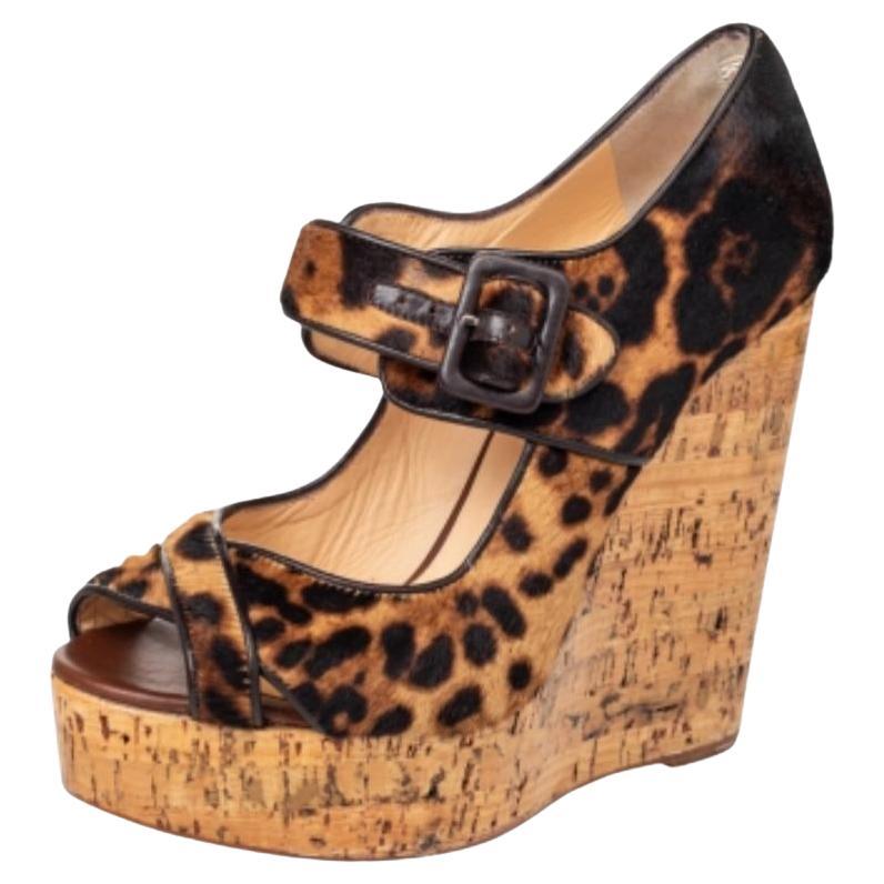 Christian Louboutin Leopard Print Pony Hair Melides Cork Wedge Sandals Size 38.5