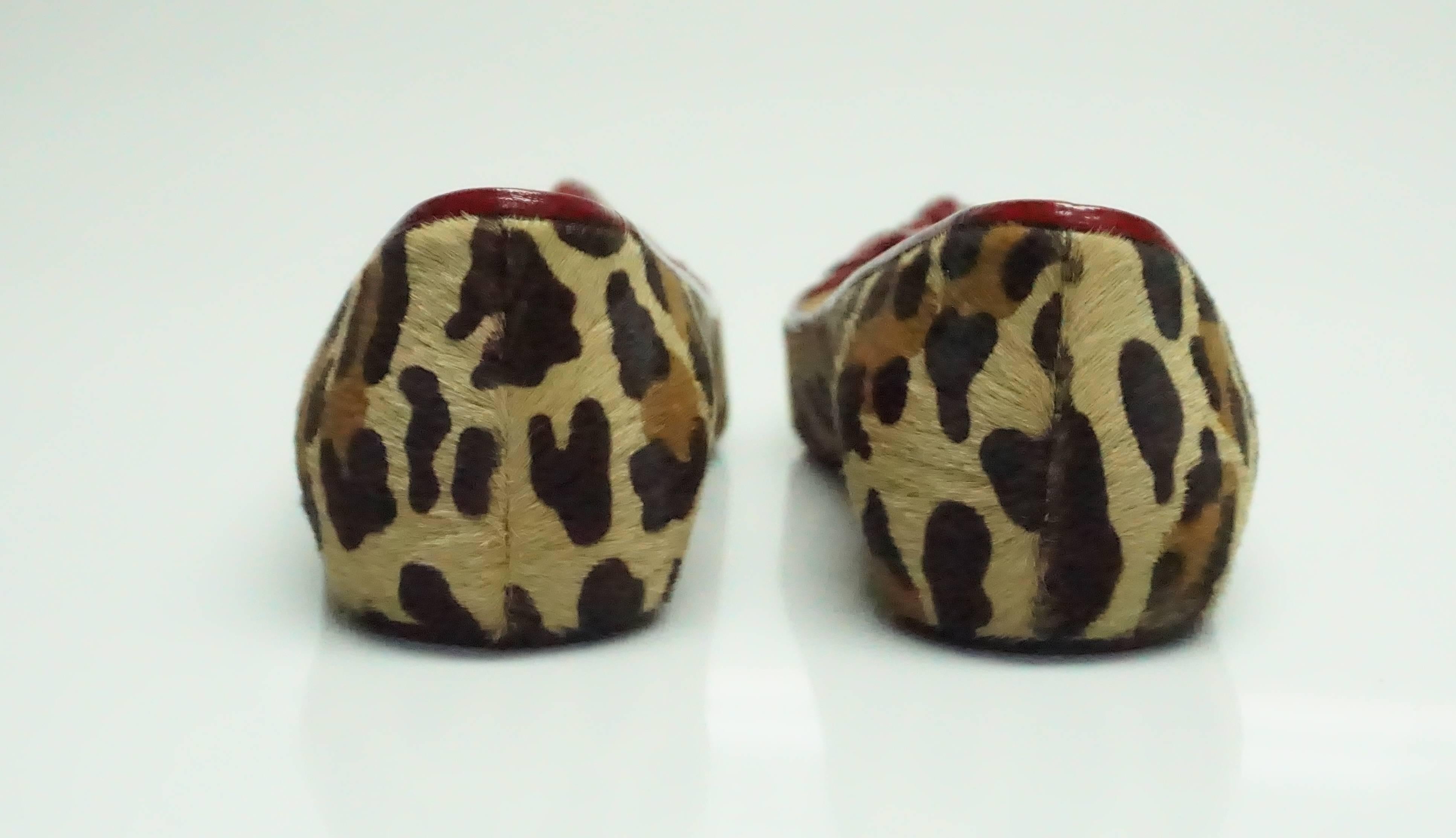 Brown Christian Louboutin Leopard Print Pony Hair Peep Toe w/ Bow Detail Flats - 39 