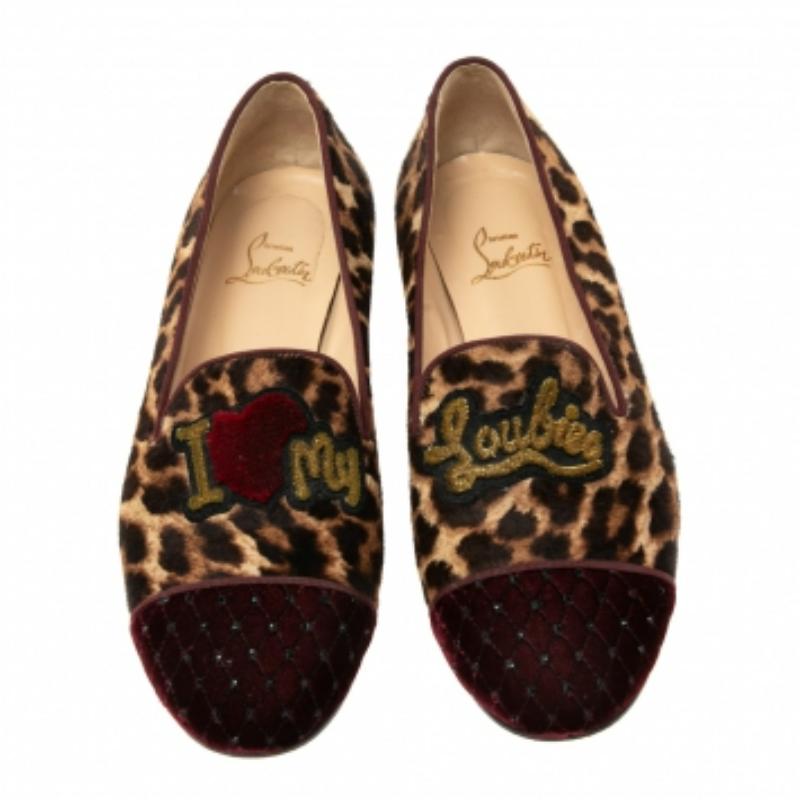 Brown Christian Louboutin Leopard Print Pony My Love Velvet Smoking Slippers Size 38.5 For Sale