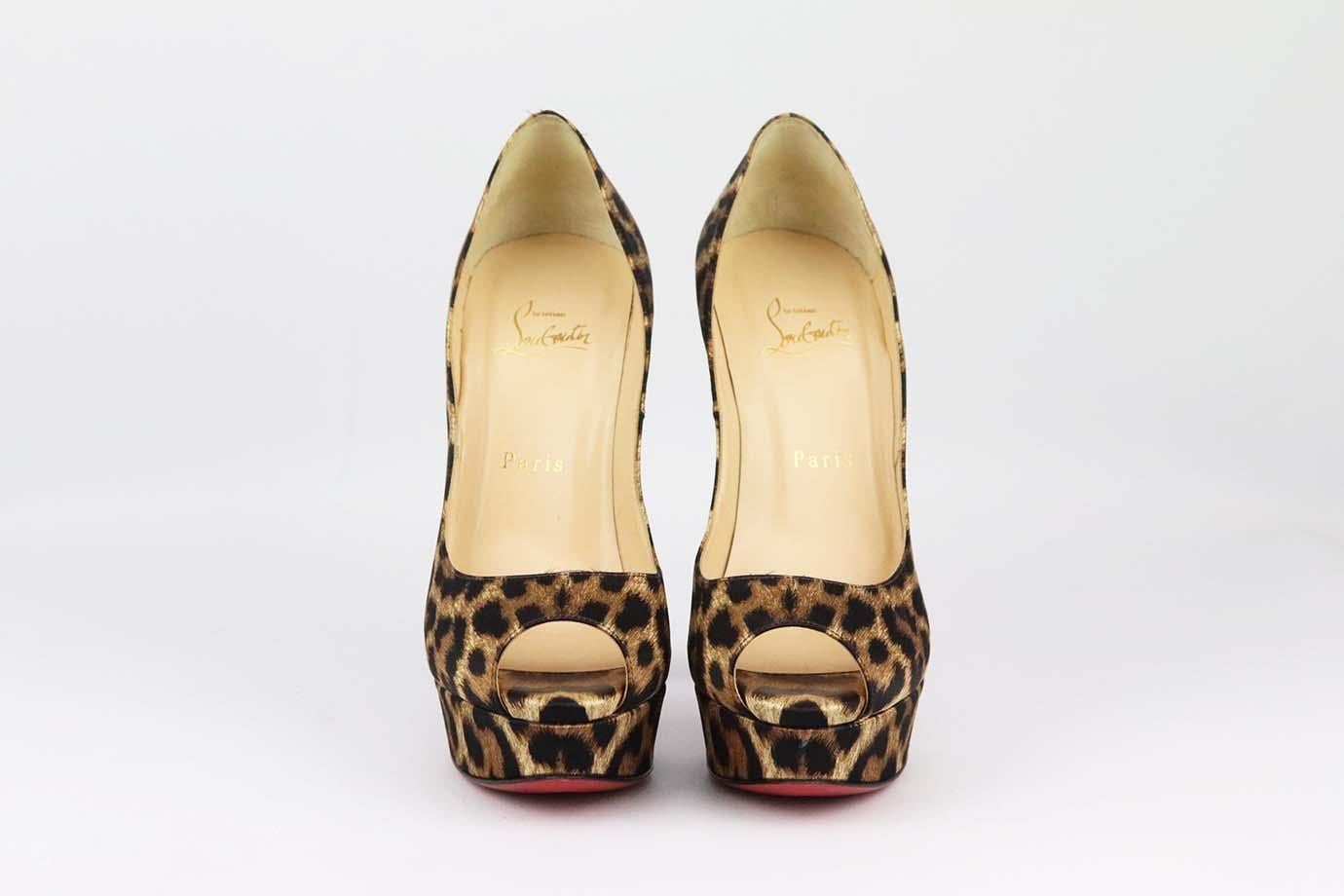 These pumps by Christian Louboutin have been made in Italy from brown and black leopard-print satin, they're set on a towering 115mm stiletto heel that's balanced by a concealed platform and have a peep-toe silhouette and signature red soles. Heel